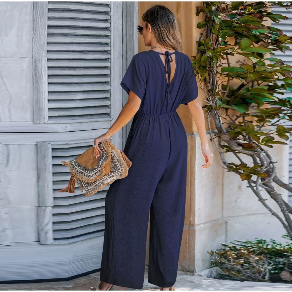 Cupshe L V-Neck Short Sleeve Straight Leg Jumpsuit navy - Picture 2 of 11